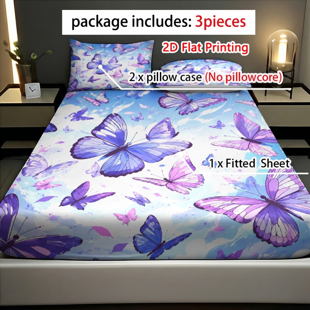 화려한 보라색 나비 하늘 프린트의 침대 시트 및 베개  - Fitted Bed Sheets Deep Pocket 리뷰 및 가격